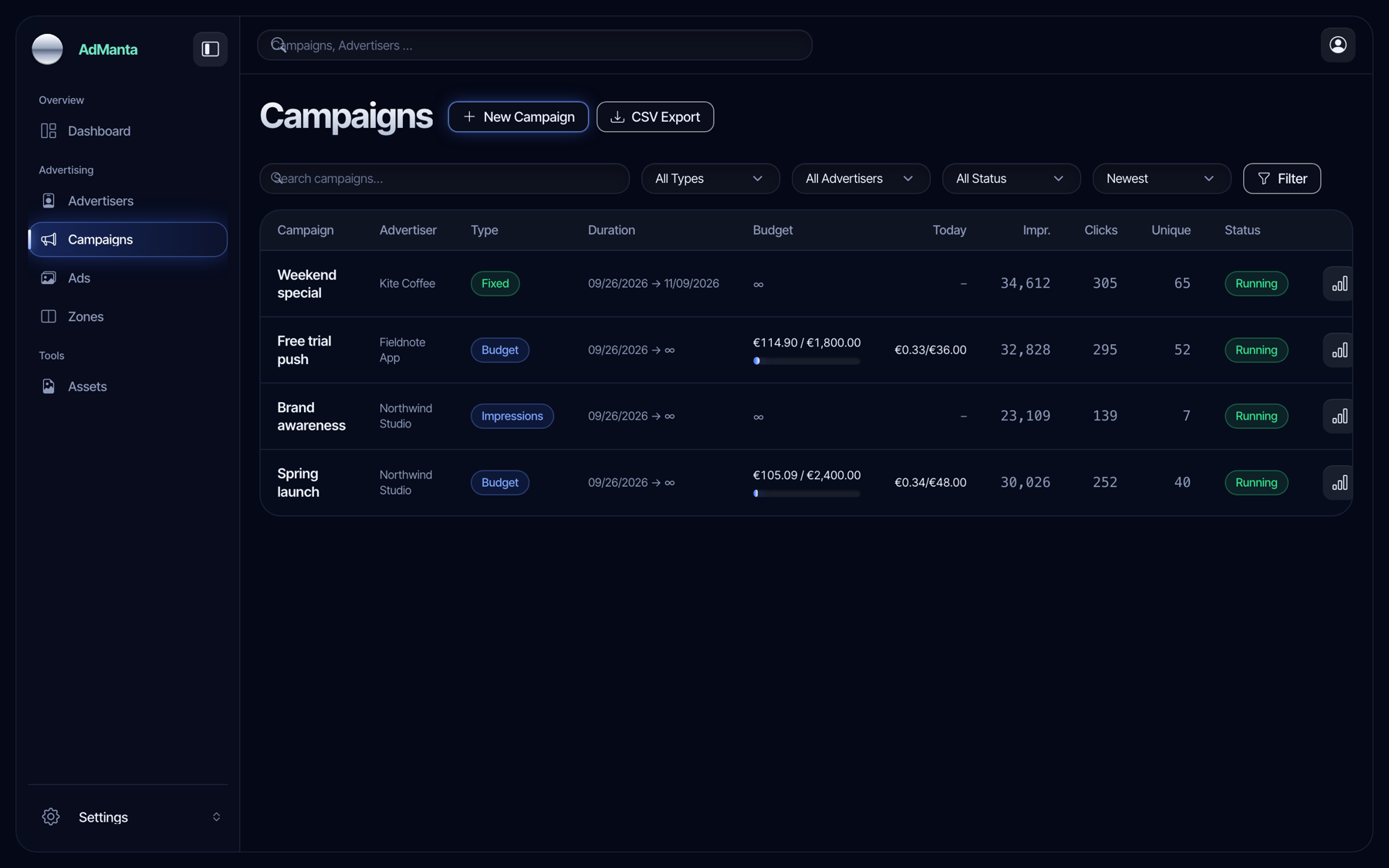 Campaign list with impressions, clicks and CTR per campaign.